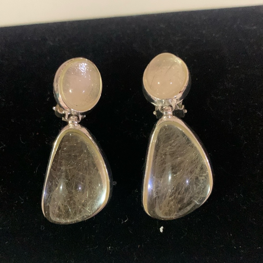 Vintage signed FR clear quartz silver tone dangle clip on earrings 2” drop
